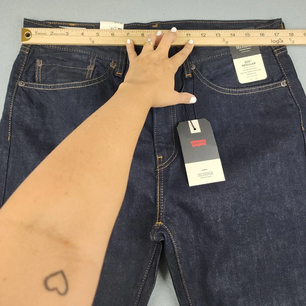 Levi's 505 Regular Jeans Mens 34x36 Dark Blue Wash Selvedge Straight Denim NWT